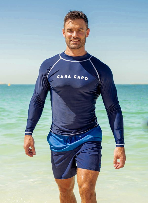 The Sunny by CAHA CAPO is a Men’s rash vest in navy and part of our men’s swimwear collection, Made in UPF50+ fabric.