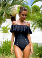 The Cate off the shoulder One Piece swimsuit by CAHA CAPO is part of our women's swimwear collection, an essential black One Piece.